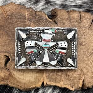 1980s BOBBY & CORRAINE SHACK Zuni Sterling Silver Inlay Thunderbird Belt Buckle